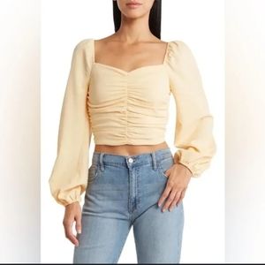 Sophie Rue yellow square neckline crop top with puff sleeve, cottagecore prairie